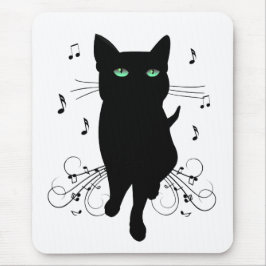 Svart katt omgiven av viskande toner av musik musmatta
