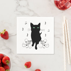 Svart katt omgiven av viskande toner av musik pappersservett