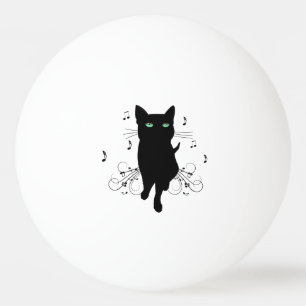 Svart katt omgiven av viskande toner av musik pingisboll