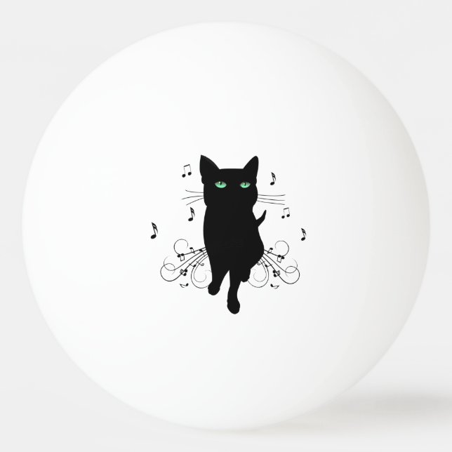 Svart katt omgiven av viskande toner av musik pingisboll (Framsidan)