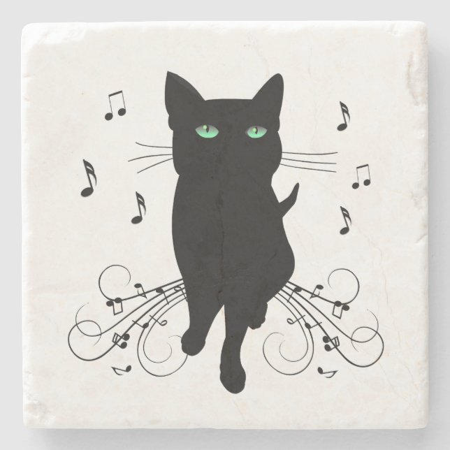 Svart katt omgiven av viskande toner av musik stenunderlägg (Framsidan)