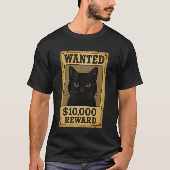 Svart Katt Önskad Bild T Shirt (Framsida)