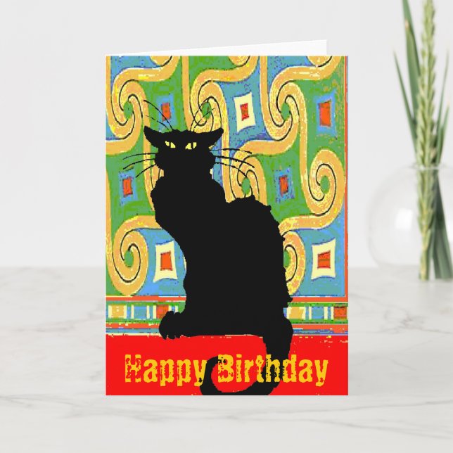 Svart katt på den abstrakt tapeten, grattis på kort (Framsida)