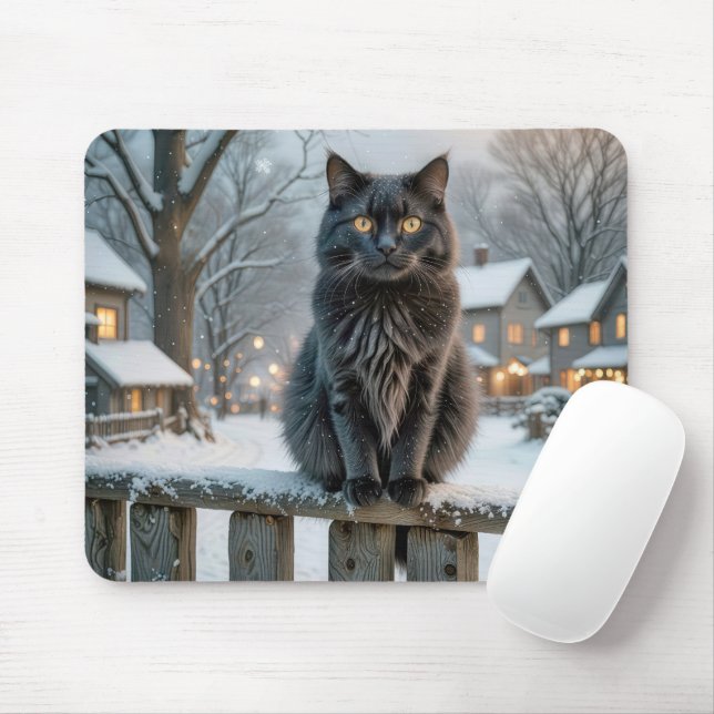 Svart katt på ett snöigt staket musmatta (Med mus)