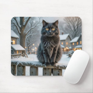 Svart katt på ett snöslemhinne musmatta