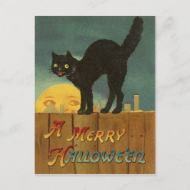 Svart katt på ett staket på Halloween natt, vintag Vykort
