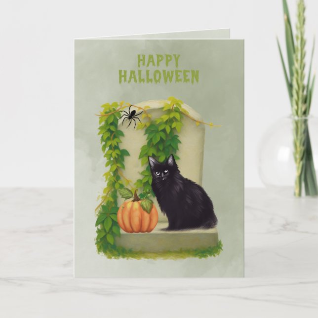 Svart katt på grav Glad Halloween-kort Kort (Framsida)