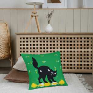 Svart katt på Grönt Vit Gult, modern Kudde