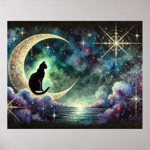 Svart katt på halvmåne med stjärnklar natthimmel poster
