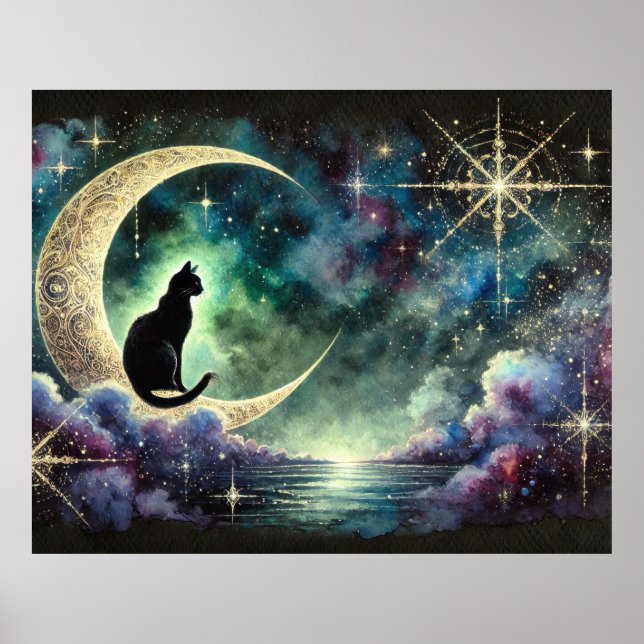 Svart katt på halvmåne med stjärnklar natthimmel poster (Framsidan)