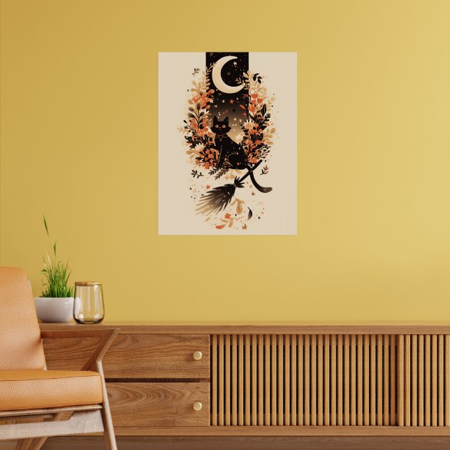 Svart katt på häxans kvast under månen poster (Vardagsrum 2)