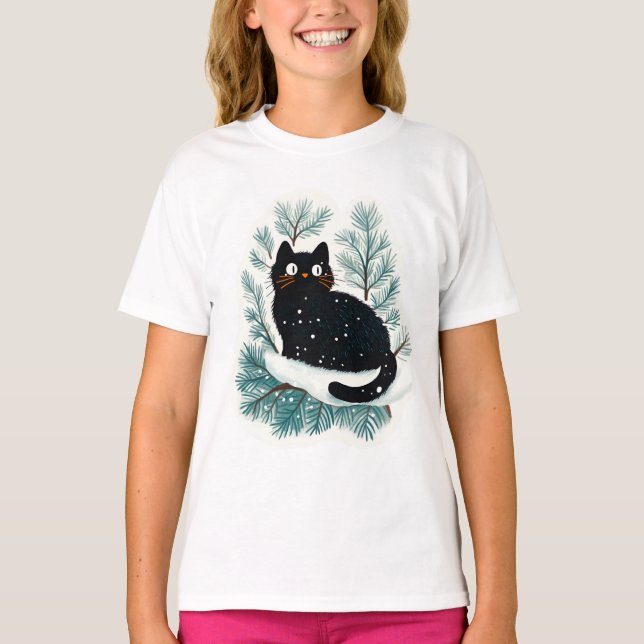 Svart katt på Julgran söt T Shirt (Framsida)