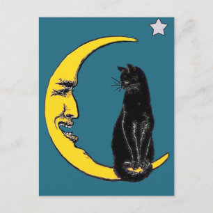 Svart katt på månen vykort