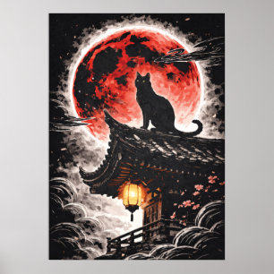 Svart katt på Pagodtak, röd måne - japansk konst Poster