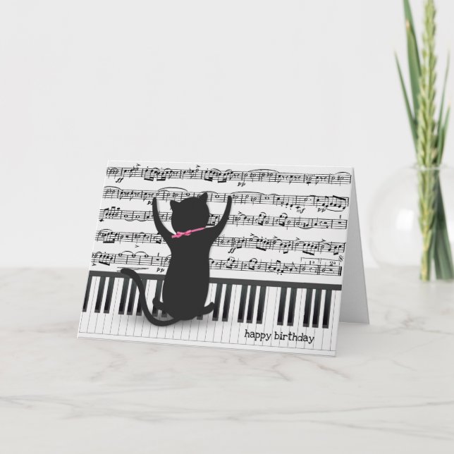 Svart katt på piano-födelsedag kort (Framsida)