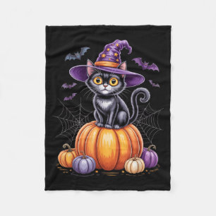 Svart katt på pumpa med häxhatt Halloween Fleecefilt