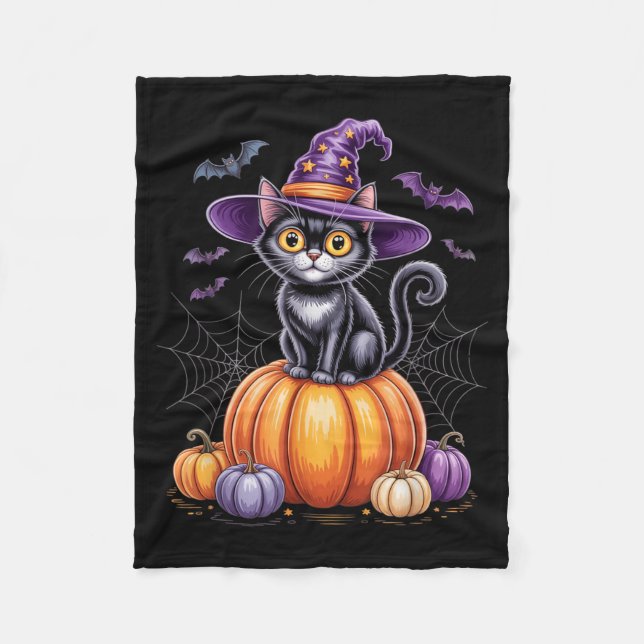Svart katt på pumpa med häxhatt Halloween Fleecefilt (Framsidan)