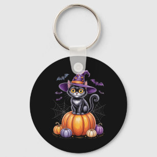 Svart katt på pumpa med häxhatt Halloween Nyckelring