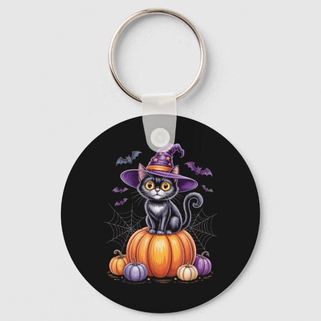 Svart katt på pumpa med häxhatt Halloween Nyckelring (Framsida)