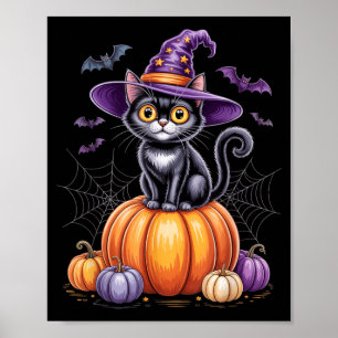 Svart katt på pumpa med häxhatt Halloween Poster