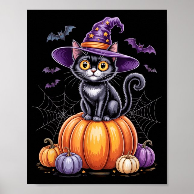 Svart katt på pumpa med häxhatt Halloween Poster (Framsidan)