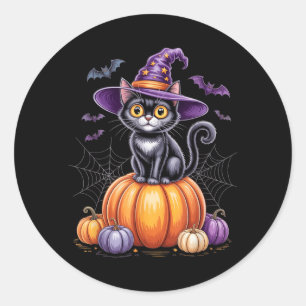Svart katt på pumpa med häxhatt Halloween Runt Klistermärke
