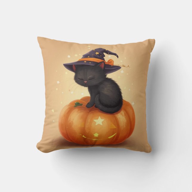 Svart katt på Pumpkin Halloween Square Pillow Kudde (Framsida)