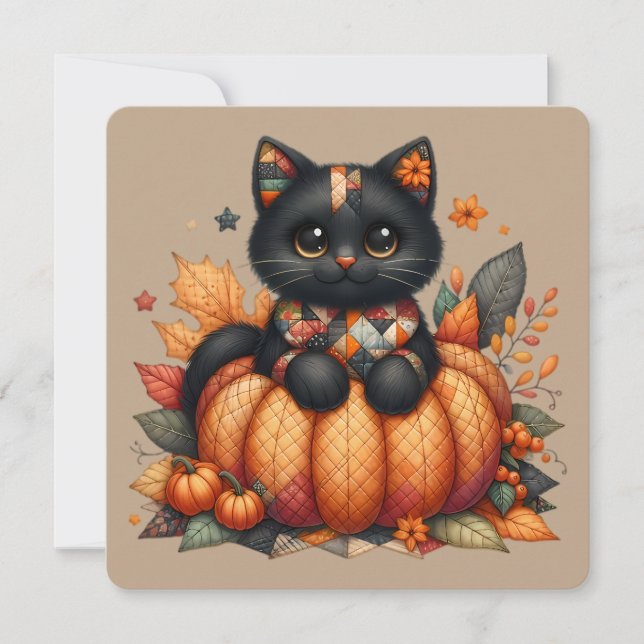 Svart katt på Pumpkin med hösten Quilt Mönster Inbjudningar (Framsida)
