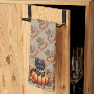 Svart katt på Pumpkin med hösten Quilt Mönster Kökshandduk