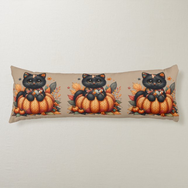Svart katt på Pumpkin med hösten Quilt Mönster Kroppskudde (Framsidan)