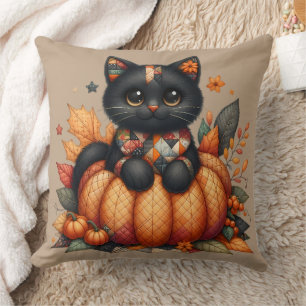 Svart katt på Pumpkin med hösten Quilt Mönster Kudde