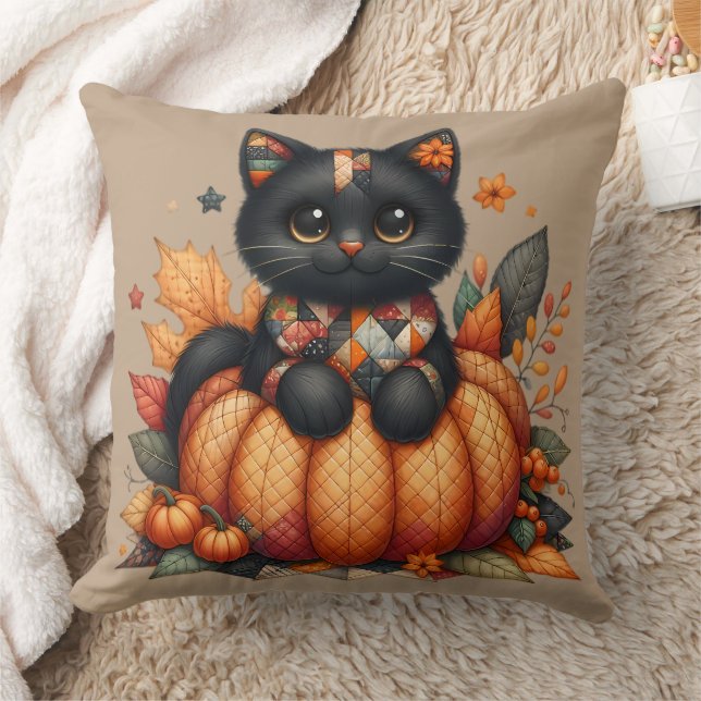 Svart katt på Pumpkin med hösten Quilt Mönster Kudde (Filt)