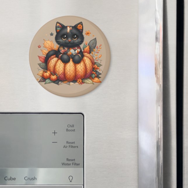 Svart katt på Pumpkin med hösten Quilt Mönster Magnet (In Situ (Fridge))