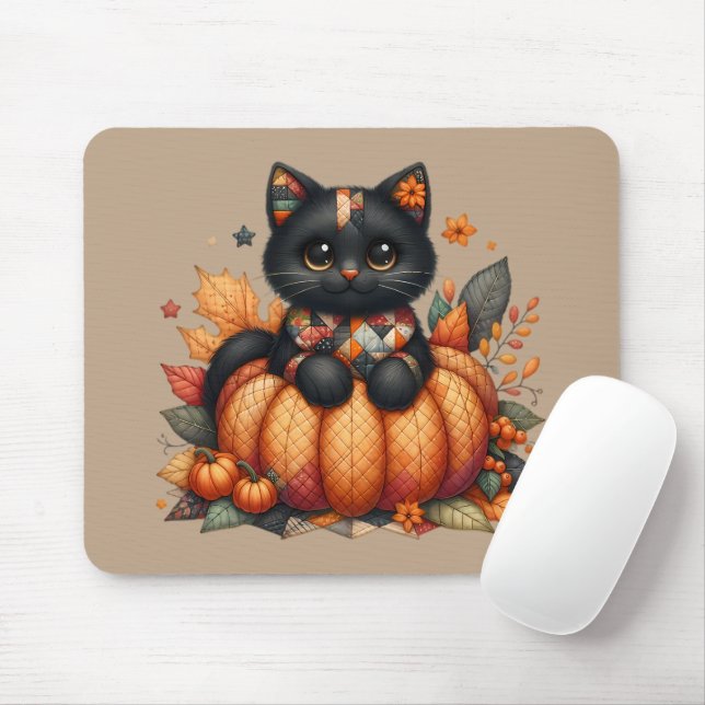 Svart katt på Pumpkin med hösten Quilt Mönster Musmatta (Med mus)