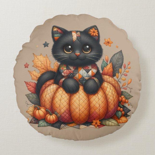 Svart katt på Pumpkin med hösten Quilt Mönster Rund Kudde (Framsidan)