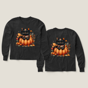 Svart katt på Pumpkin med hösten Quilt Mönster T Shirt