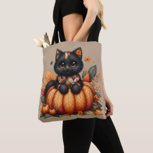 Svart katt på Pumpkin med hösten Quilt Mönster Tygkasse