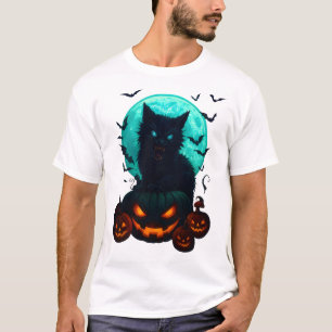 Svart katt på pumpor under fullmåne – spöklik hal t shirt
