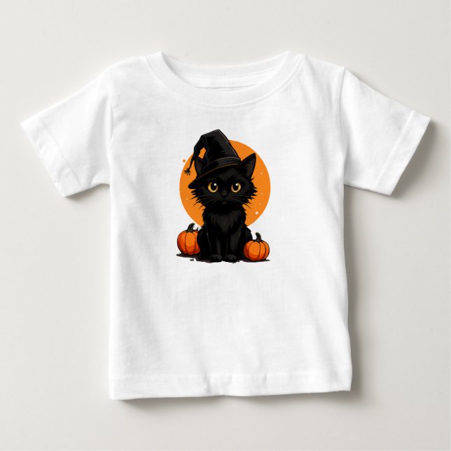 Svart katt på pumpor under fullmåne t shirt (Framsida)