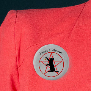 Svart katt på Red Pentagram Grått Happy halloween Knapp