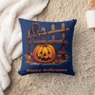 Svart katt på staket Jack-O'-Lantern Glad Hallowee Kudde