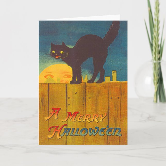 Svart katt på staketman i månen kort (Framsida)