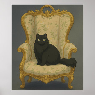 Svart katt på utsmyckad stol – Elegant gotisk husd Poster