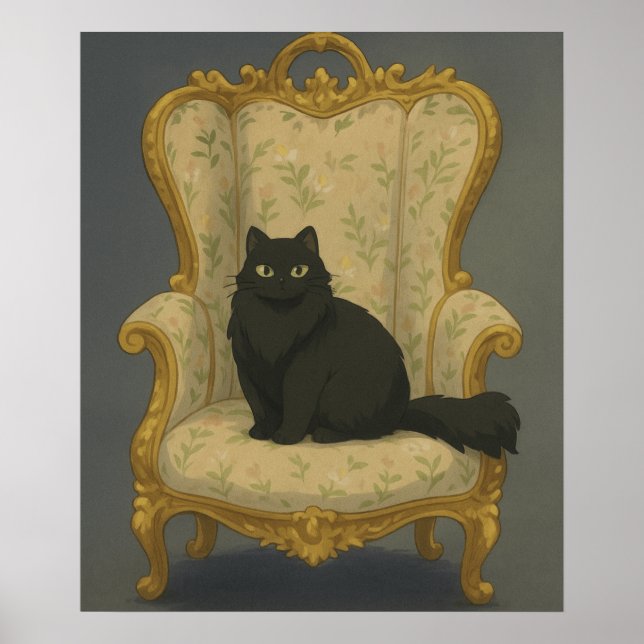 Svart katt på utsmyckad stol – Elegant gotisk husd Poster (Framsidan)
