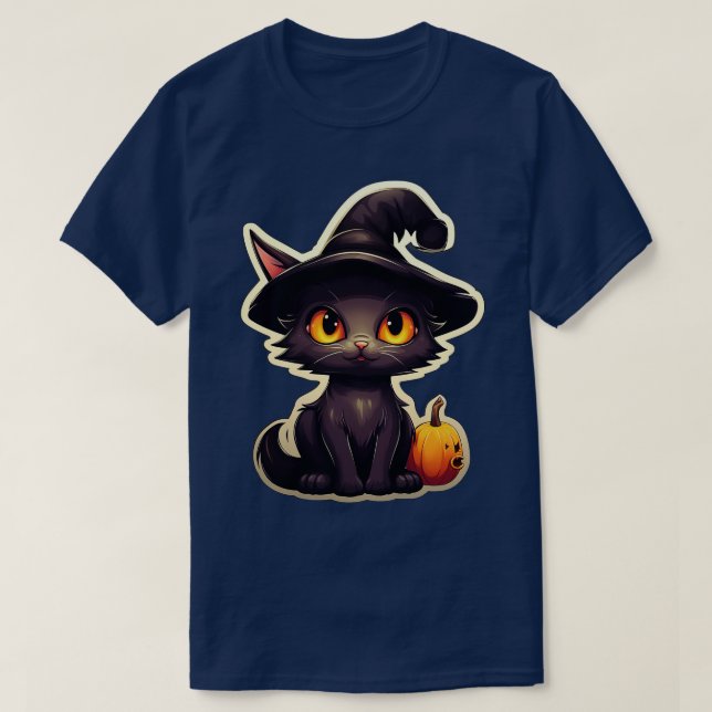 Svart katt på Witches Hat Svarta katter Spooky Hal T Shirt (Design framsida)