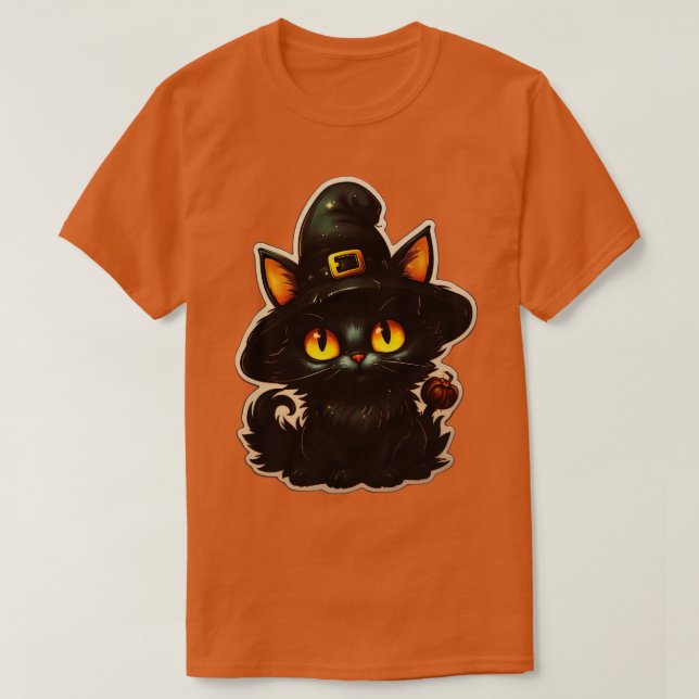 Svart katt på Witches Hat Svarta katter Spooky Hal T Shirt (Design framsida)