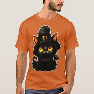 Svart katt på Witches Hat Svarta katter Spooky Hal T Shirt