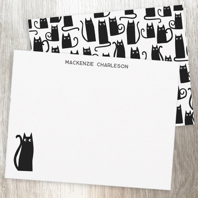 Svart katt-Personlig-mall Anteckningskort (Fun personalized custom name black cat notecard)