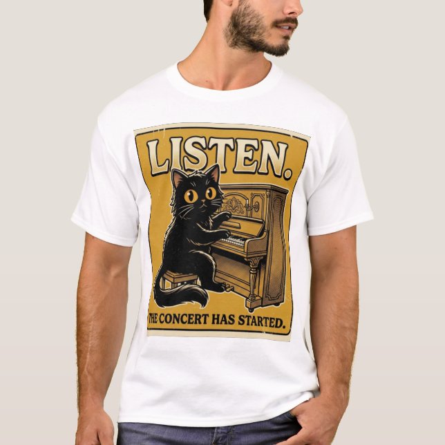 Svart katt pianomusik design t shirt (Framsida)