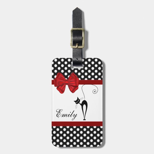 Svart katt polka dots monogram, giftig elegant bagagebricka (Vertikal Framsida)
